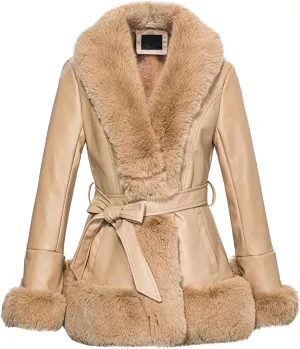 Faux Leather Jacket for Women with Faux Fur Collar Long Sleeve Parka with Pockets Warm Winter Coat with Belt