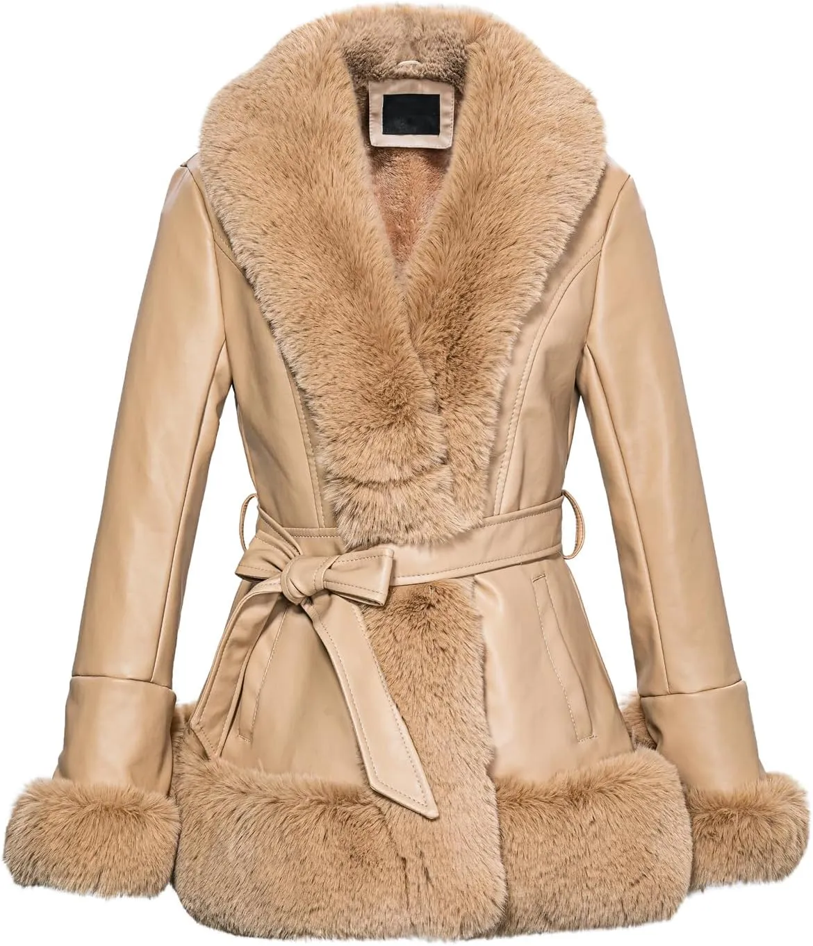 Faux Leather Jacket for Women with Faux Fur Collar Long Sleeve Parka with Pockets Warm Winter Coat with Belt
