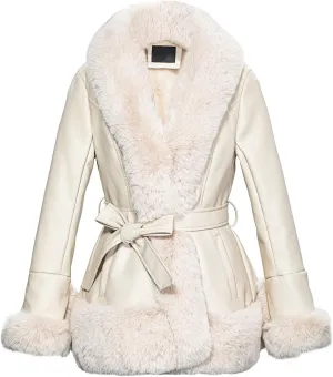 Faux Leather Jacket for Women with Faux Fur Collar Long Sleeve Parka with Pockets Warm Winter Coat with Belt