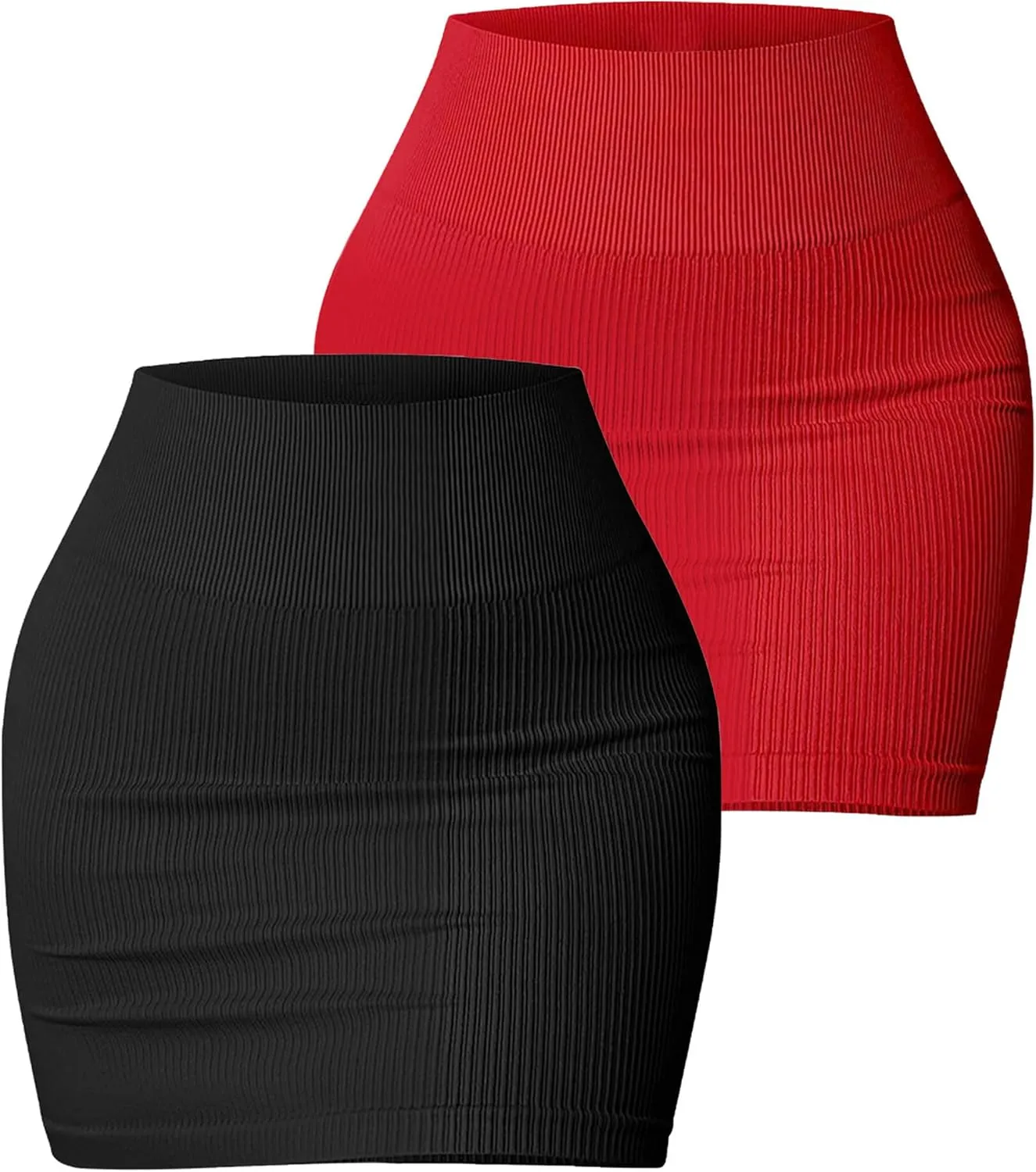 FEOYA Mini Skirt Tight Stretchy Ribbed High Waisted Bodycon Skirt Sexy Y2K Rave Fitted Short Pencil Skirt 2 Packs
