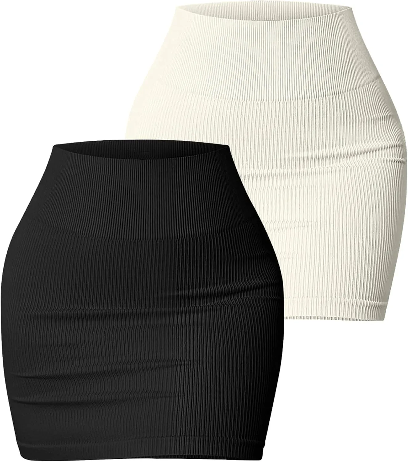 FEOYA Mini Skirt Tight Stretchy Ribbed High Waisted Bodycon Skirt Sexy Y2K Rave Fitted Short Pencil Skirt 2 Packs