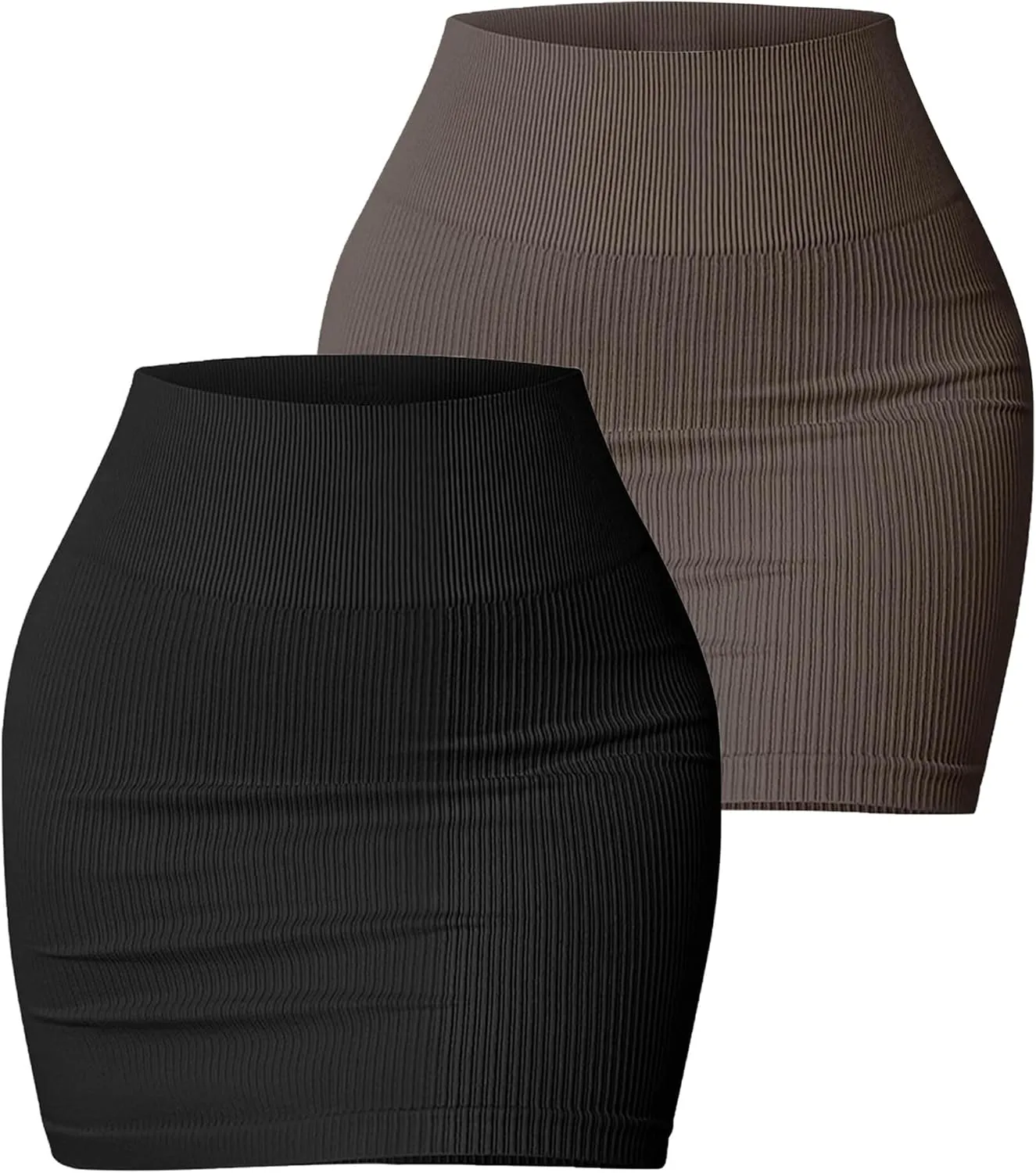 FEOYA Mini Skirt Tight Stretchy Ribbed High Waisted Bodycon Skirt Sexy Y2K Rave Fitted Short Pencil Skirt 2 Packs
