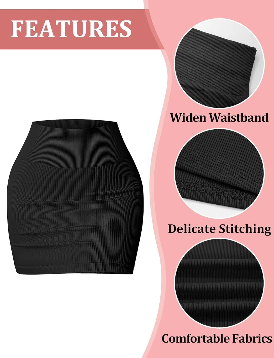 FEOYA Mini Skirt Tight Stretchy Ribbed High Waisted Bodycon Skirt Sexy Y2K Rave Fitted Short Pencil Skirt 2 Packs