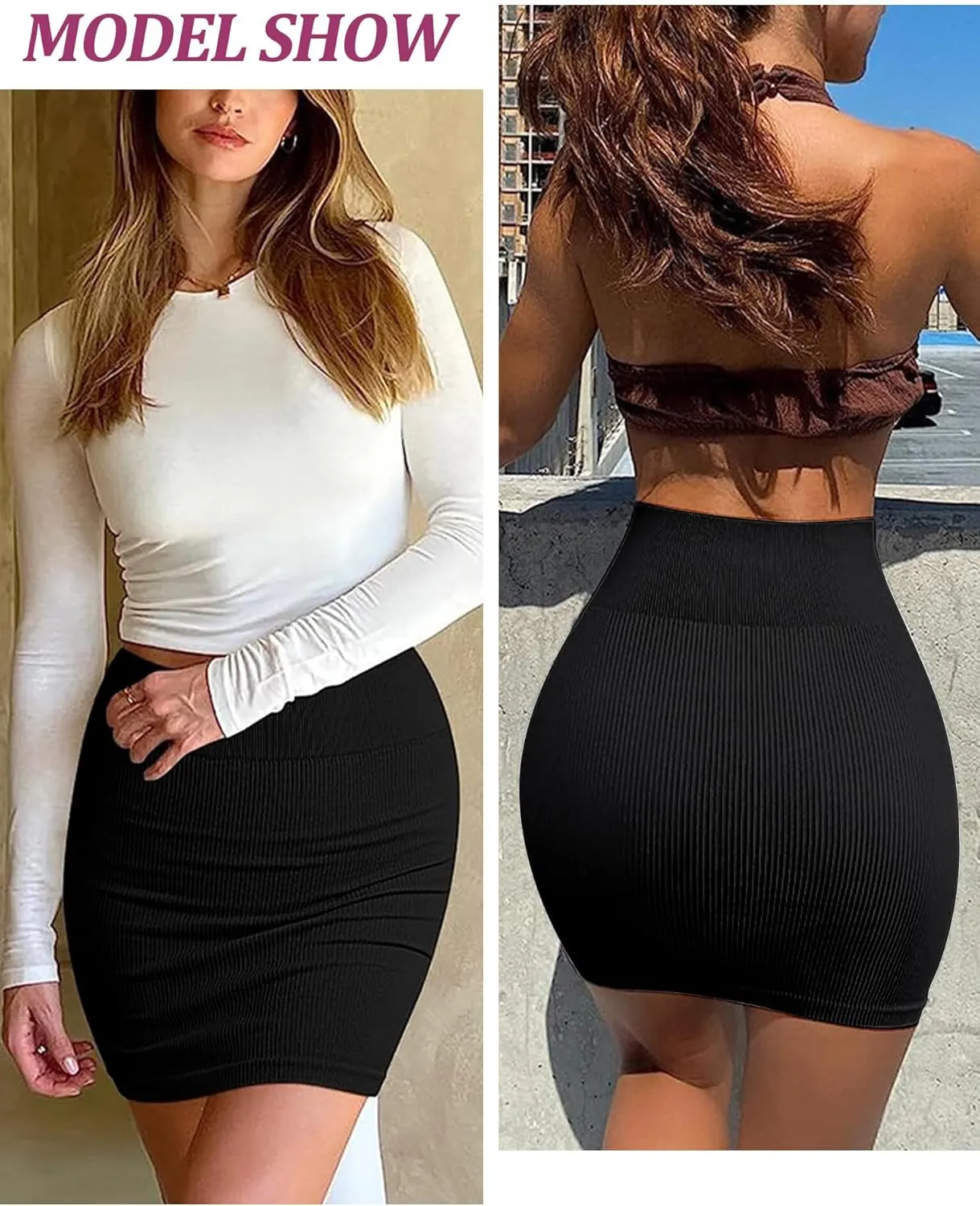 FEOYA Mini Skirt Tight Stretchy Ribbed High Waisted Bodycon Skirt Sexy Y2K Rave Fitted Short Pencil Skirt 2 Packs