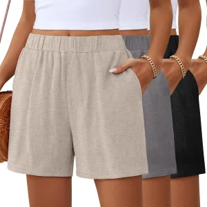 Ficerd 3 Pack Women's Casual Linen Shorts,Pleated High Waist Wide Leg Summer Elastic Comfy Trendy Shorts with Pockets