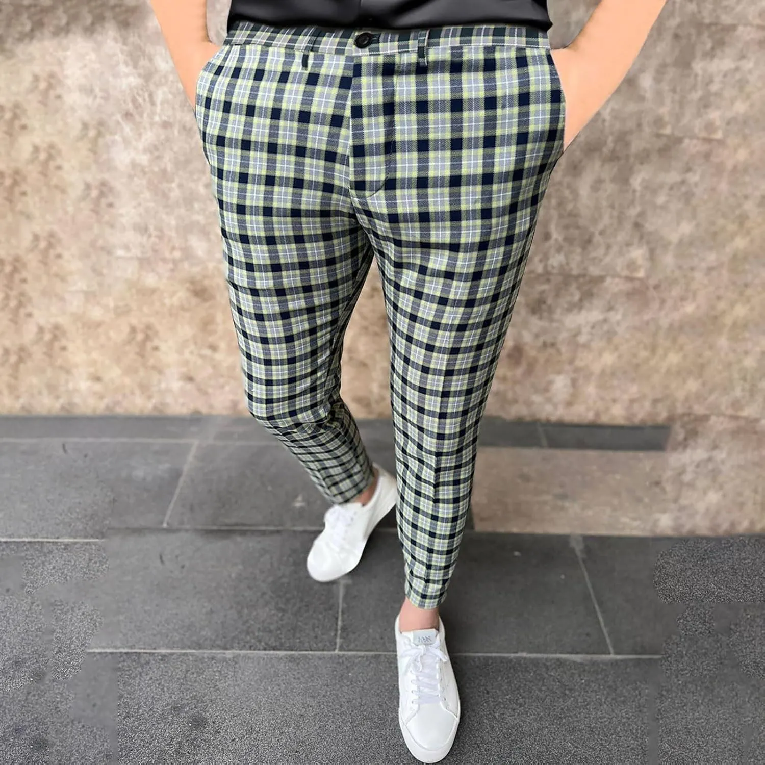 Finelylove Mens Dress Pants Slim Fit Flat Front Casual Plaid Pants Stretch Tapered Business Work Pants Chino Trousers