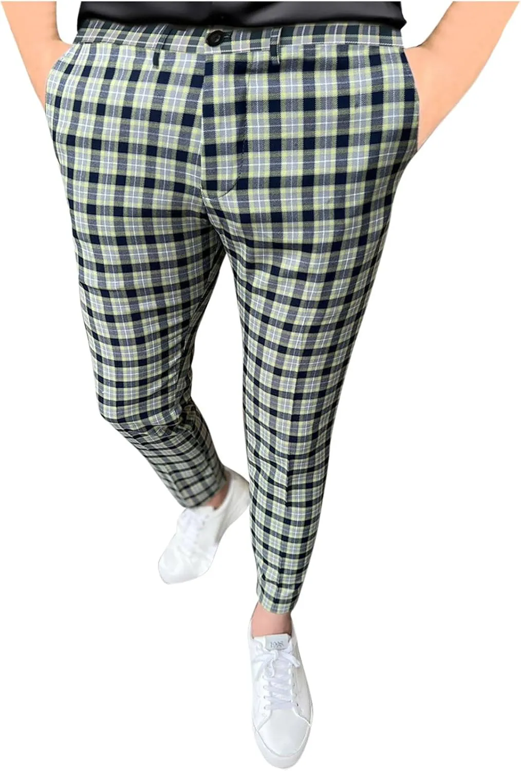 Finelylove Mens Dress Pants Slim Fit Flat Front Casual Plaid Pants Stretch Tapered Business Work Pants Chino Trousers