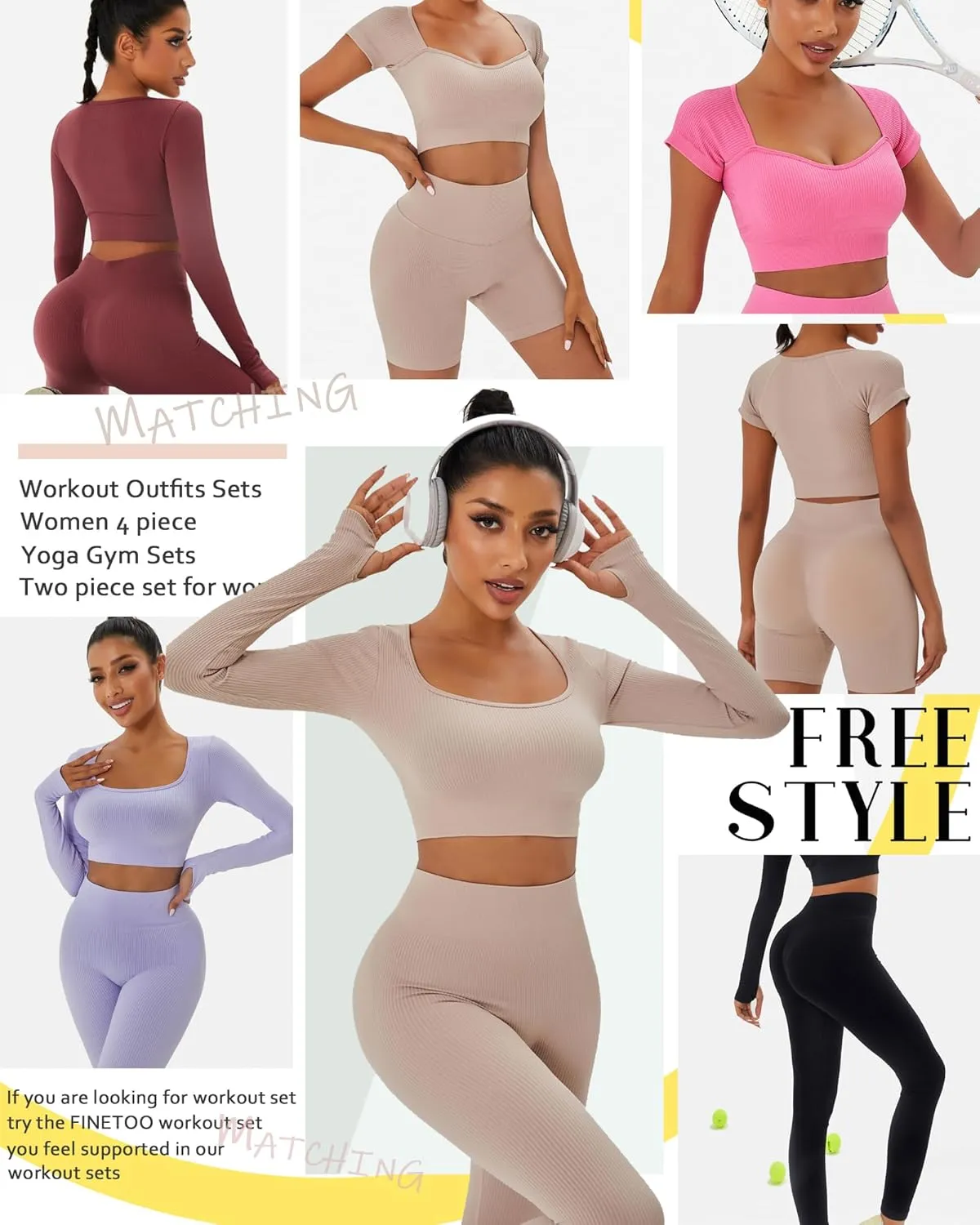 FINETOO Women's 4 Piece Workout Outfits Ribbed Seamless Long Sleeve Crop Sports Tops Tank High Waist Yoga Leggings Sets