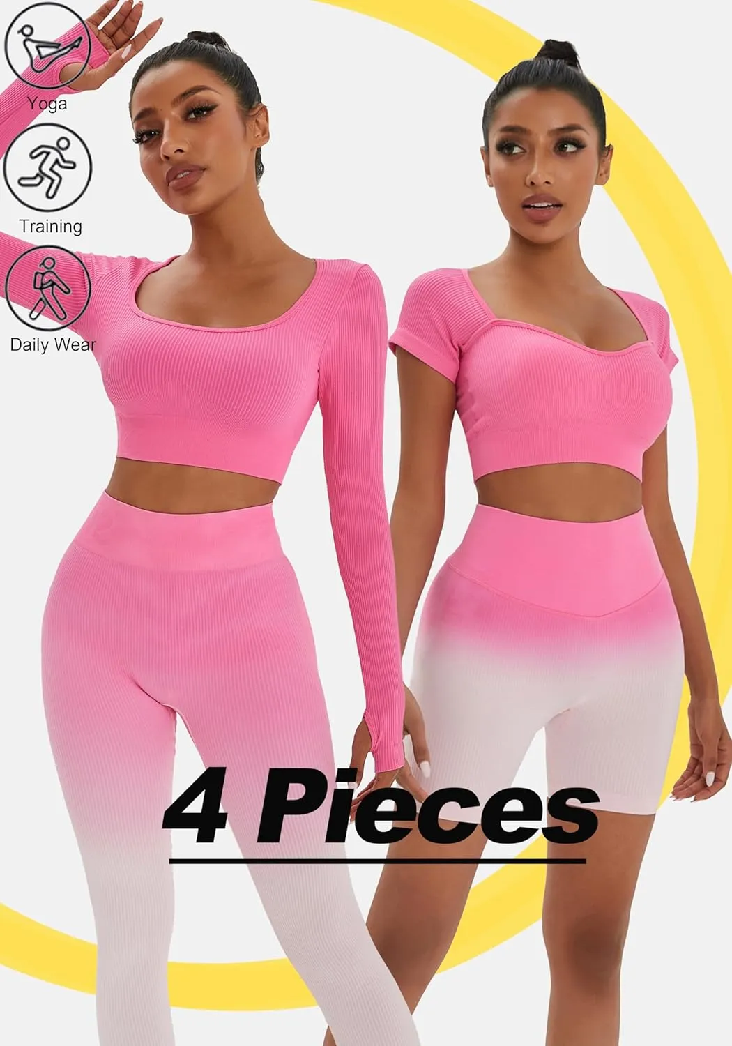 FINETOO Women's 4 Piece Workout Outfits Ribbed Seamless Long Sleeve Crop Sports Tops Tank High Waist Yoga Leggings Sets