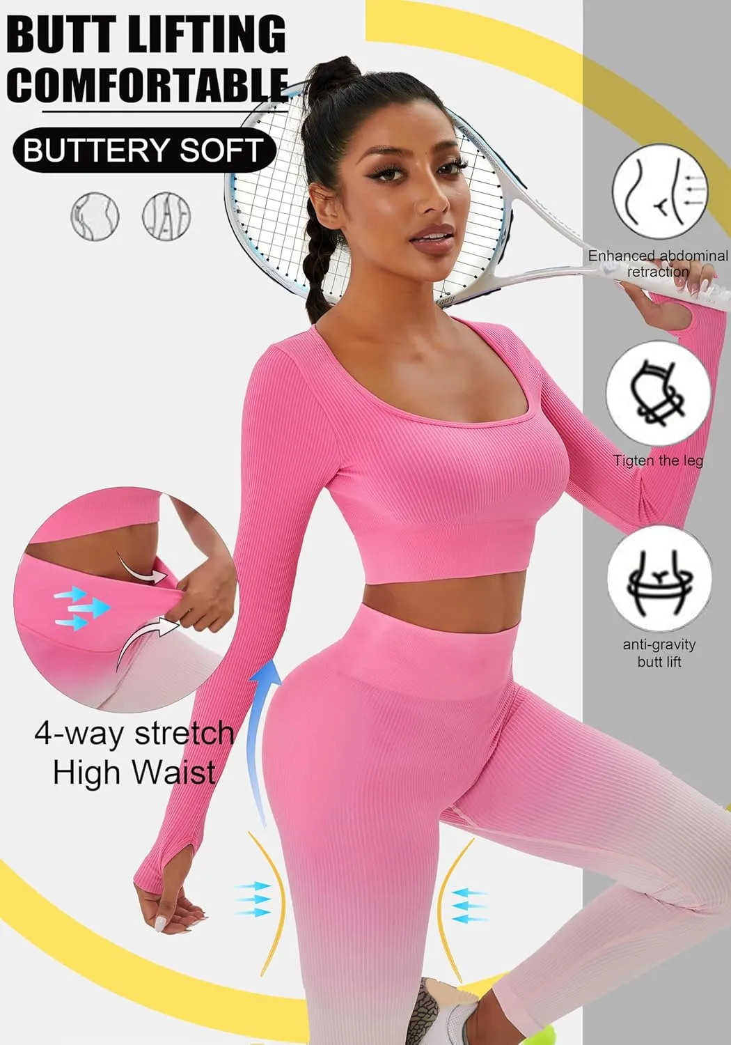 FINETOO Women's 4 Piece Workout Outfits Ribbed Seamless Long Sleeve Crop Sports Tops Tank High Waist Yoga Leggings Sets