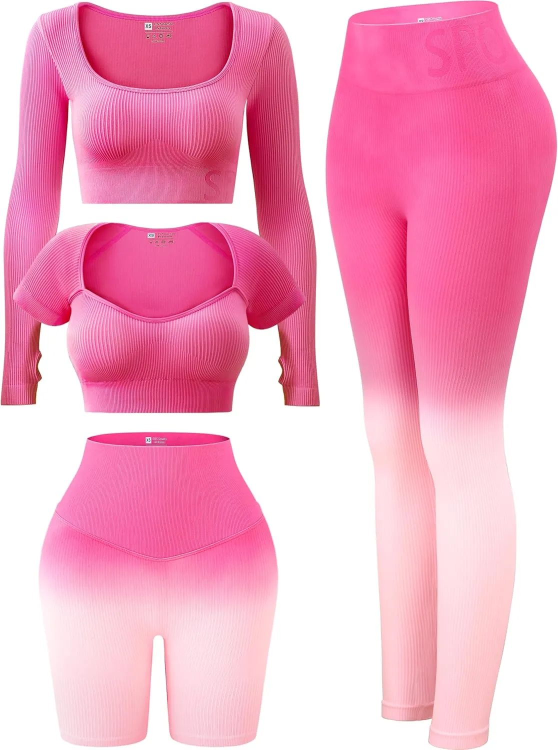FINETOO Women's 4 Piece Workout Outfits Ribbed Seamless Long Sleeve Crop Sports Tops Tank High Waist Yoga Leggings Sets