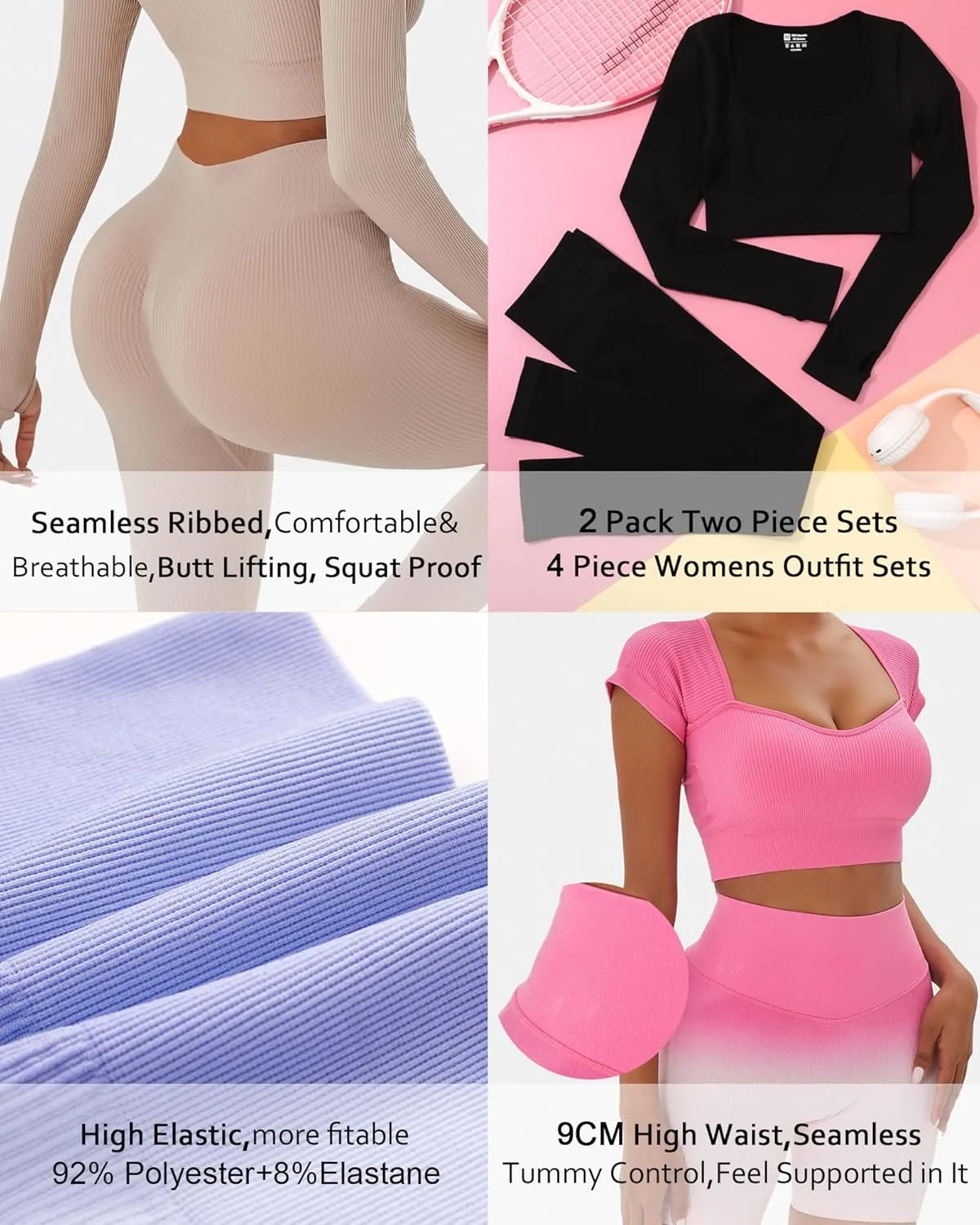 FINETOO Women's 4 Piece Workout Outfits Ribbed Seamless Long Sleeve Crop Sports Tops Tank High Waist Yoga Leggings Sets