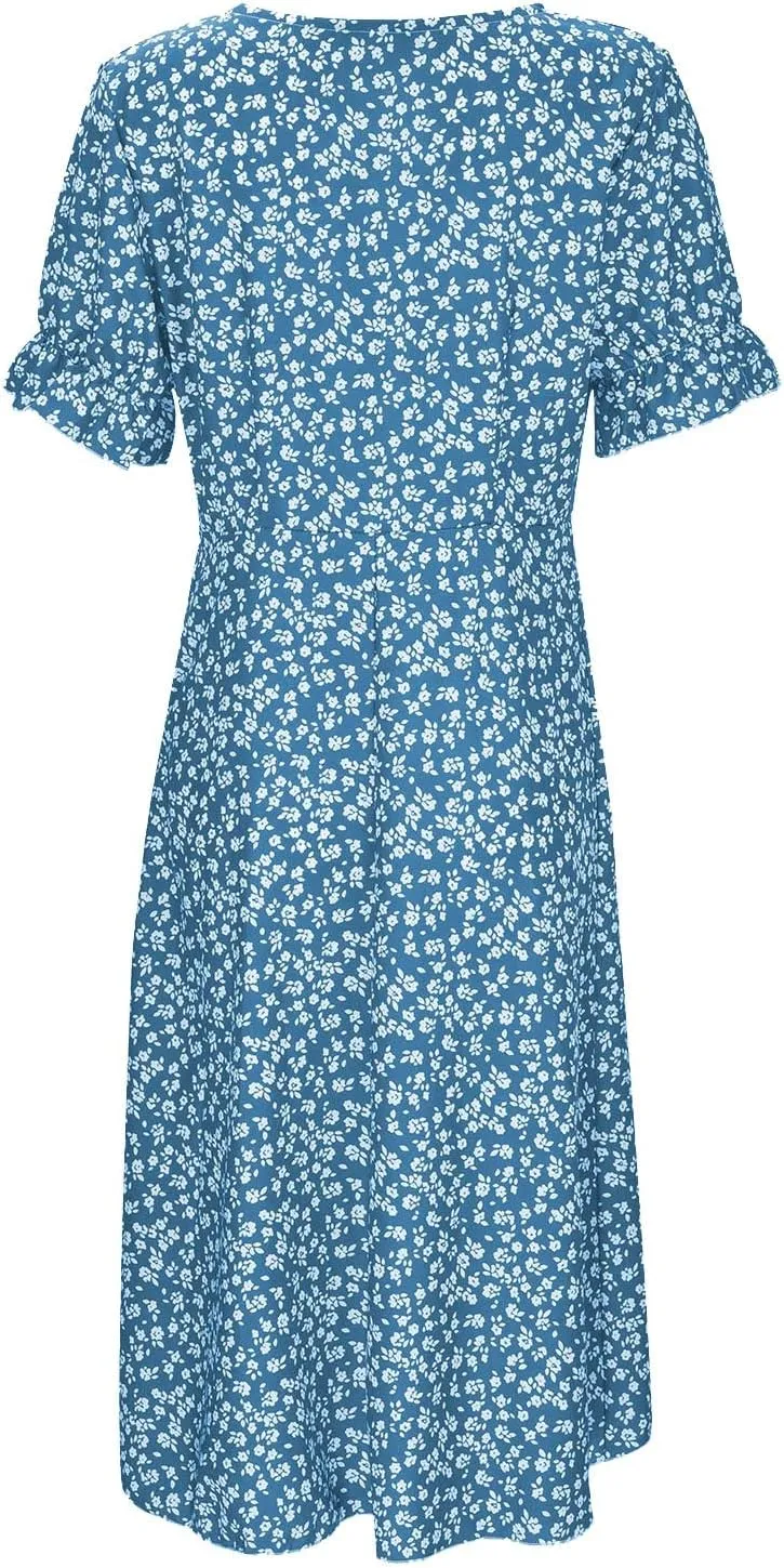 Floral Dresses For Women 2025 Vacation Bubble Sleeve Dress Slit V-neck Button Down Flowy Sundress Trendy Maxi Dress