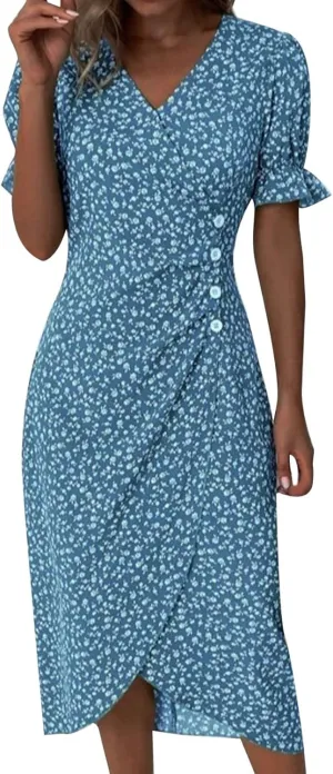 Floral Dresses For Women 2025 Vacation Bubble Sleeve Dress Slit V-neck Button Down Flowy Sundress Trendy Maxi Dress