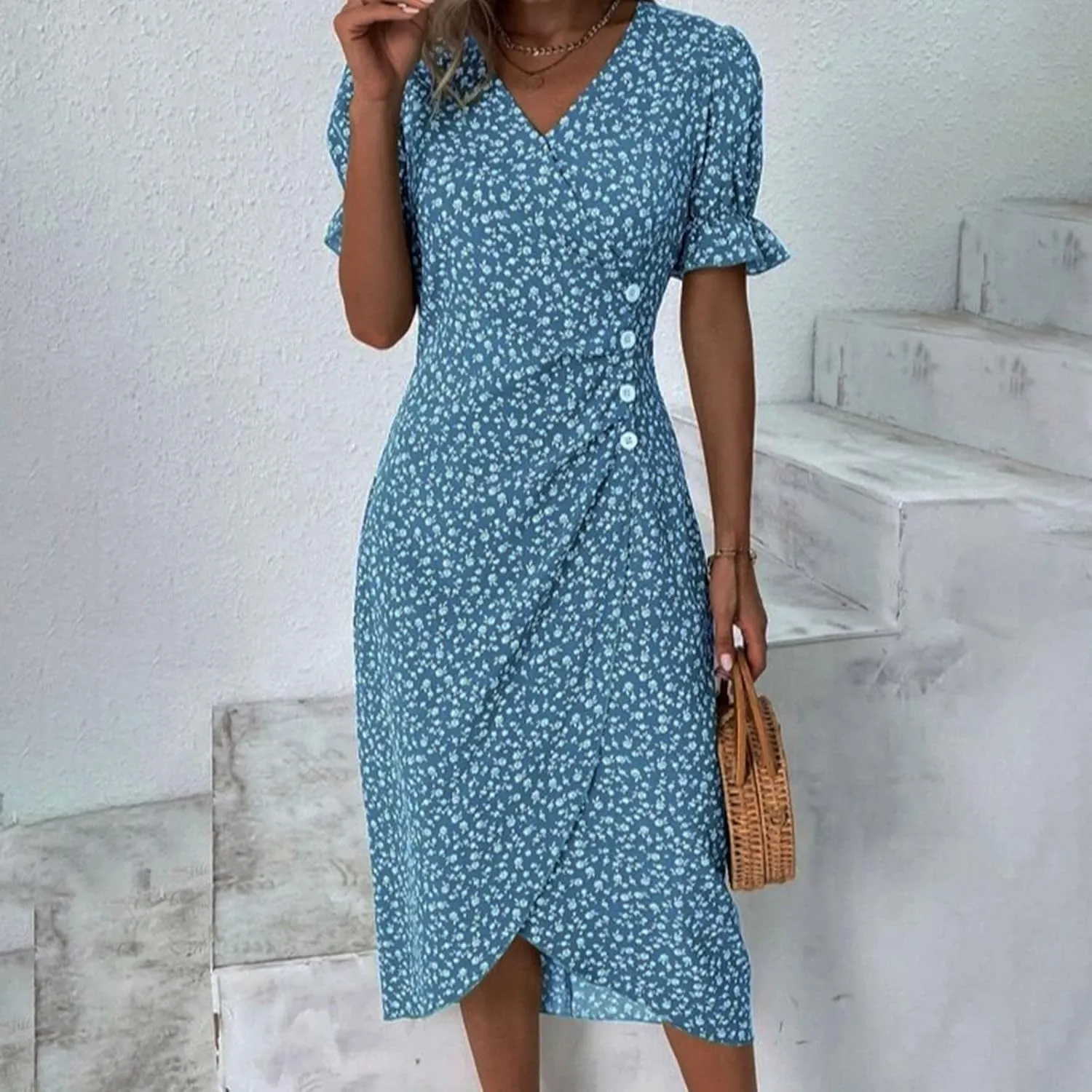 Floral Dresses For Women 2025 Vacation Bubble Sleeve Dress Slit V-neck Button Down Flowy Sundress Trendy Maxi Dress
