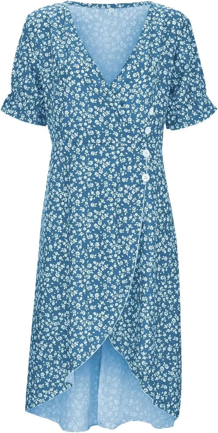 Floral Dresses For Women 2025 Vacation Bubble Sleeve Dress Slit V-neck Button Down Flowy Sundress Trendy Maxi Dress