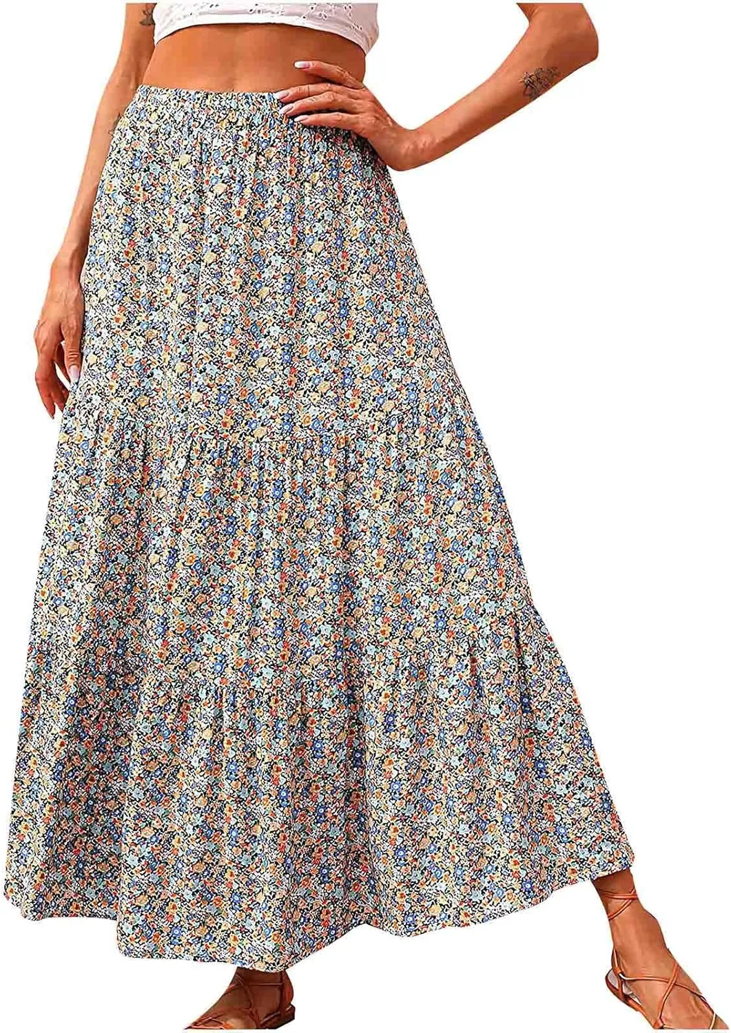 Floral Skirts for Women High Waist Flared Maxi Skirts Summer Vacation Beach Boho Flower Print Ruffle Swing Skirt