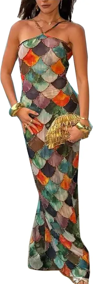 Floral Spaghetti Strap Maxi Dress Mesh Bodycon Sexy Backless Open Back Tie Up Slip Party Long Dresses Summer Sundress
