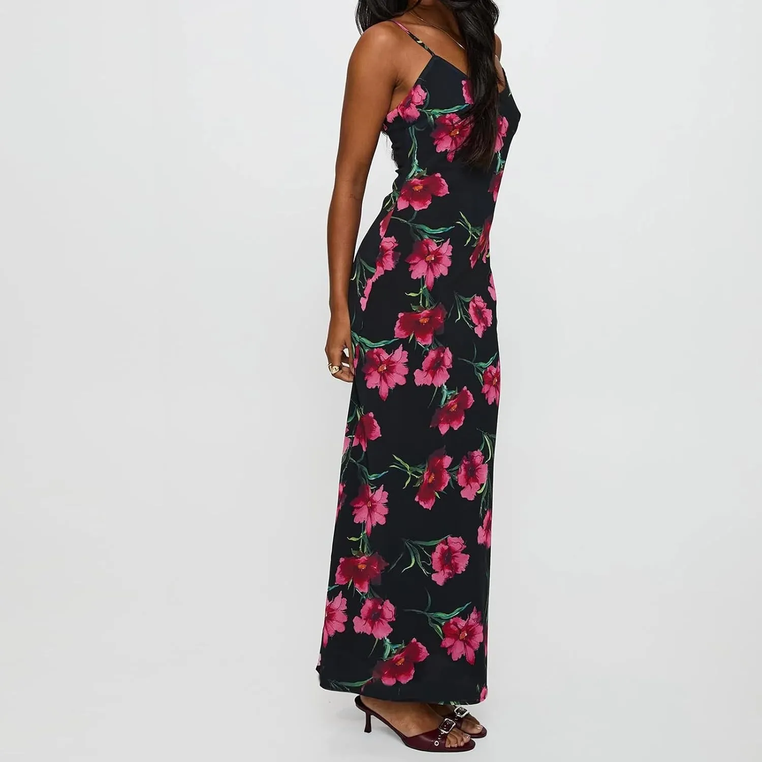 Floral Spaghetti Strap Maxi Dress Mesh Bodycon Sexy Backless Open Back Tie Up Slip Party Long Dresses Summer Sundress