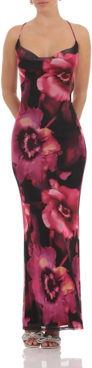Floral Spaghetti Strap Maxi Dress Mesh Bodycon Sexy Backless Open Back Tie Up Slip Party Long Dresses Summer Sundress