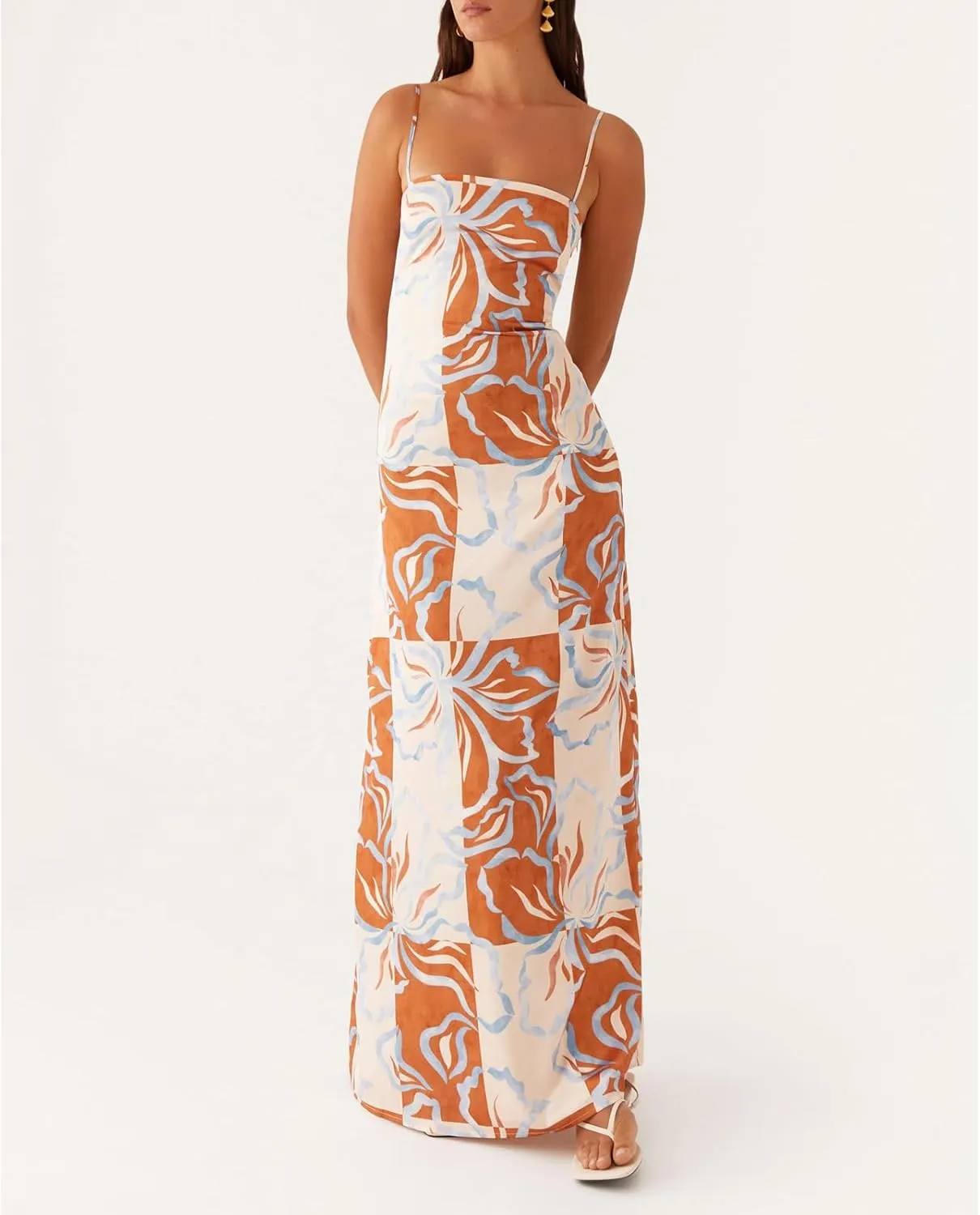 Floral Spaghetti Strap Maxi Dress Mesh Bodycon Sexy Backless Open Back Tie Up Slip Party Long Dresses Summer Sundress