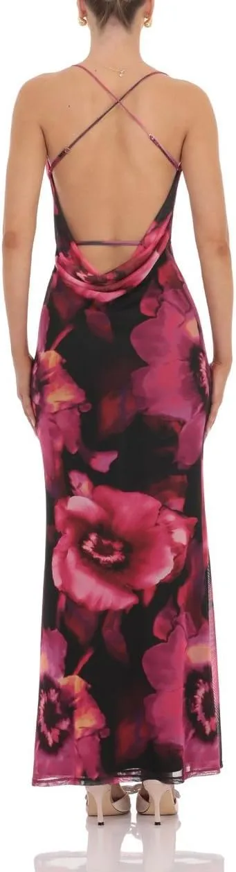 Floral Spaghetti Strap Maxi Dress Mesh Bodycon Sexy Backless Open Back Tie Up Slip Party Long Dresses Summer Sundress