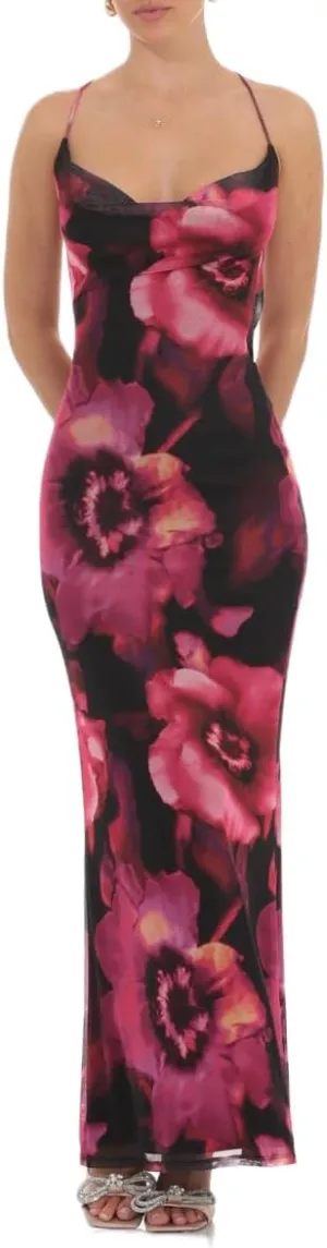 Floral Spaghetti Strap Maxi Dress Mesh Bodycon Sexy Backless Open Back Tie Up Slip Party Long Dresses Summer Sundress