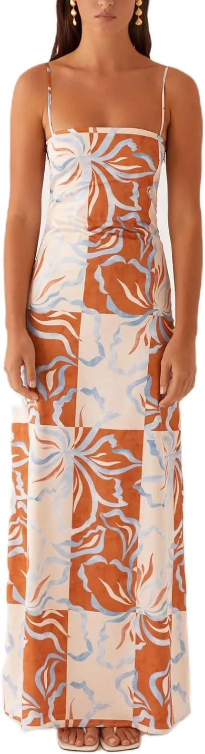 Floral Spaghetti Strap Maxi Dress Mesh Bodycon Sexy Backless Open Back Tie Up Slip Party Long Dresses Summer Sundress