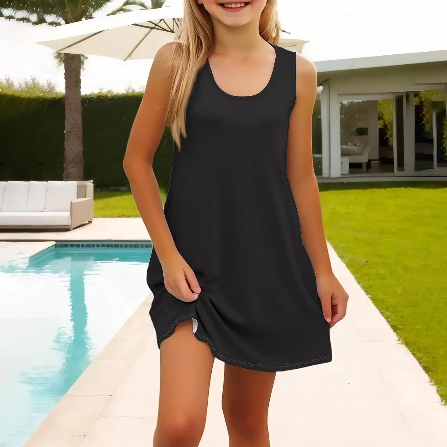 Girls Dresses Summer Casual Loose Sleeveless A-Line U Neck Sundresses Tank Swing Midi Beach Dresses with Pockets