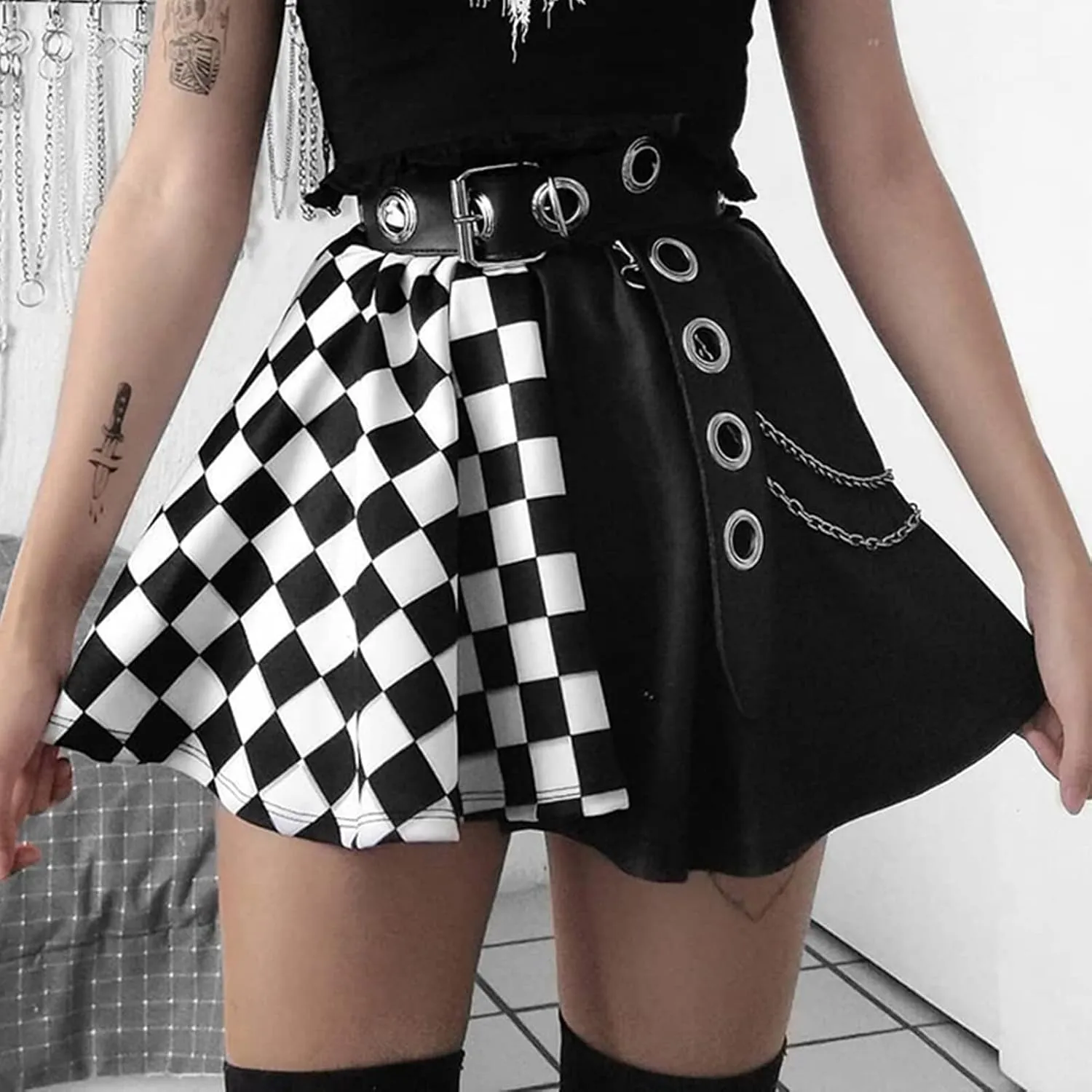 Goth Plaid Skirts for Women High Waist A-line Mini Pleated Skirt Harajuku Gothic Skirt Victorian Steampunk Skirt
