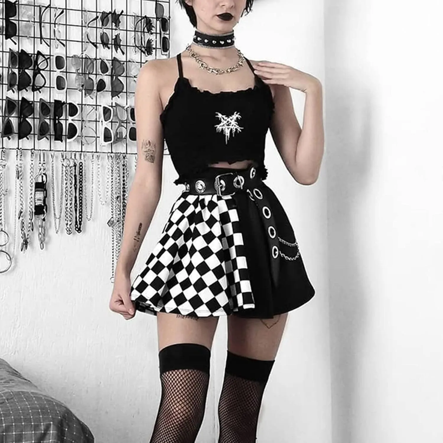 Goth Plaid Skirts for Women High Waist A-line Mini Pleated Skirt Harajuku Gothic Skirt Victorian Steampunk Skirt