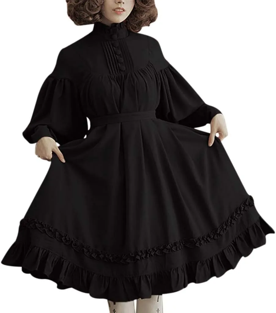 Halloween Lolita Dress for Women Long Sleeve Dresses Plus Size Renaissance Prom Dress Ruffle Swing Dress