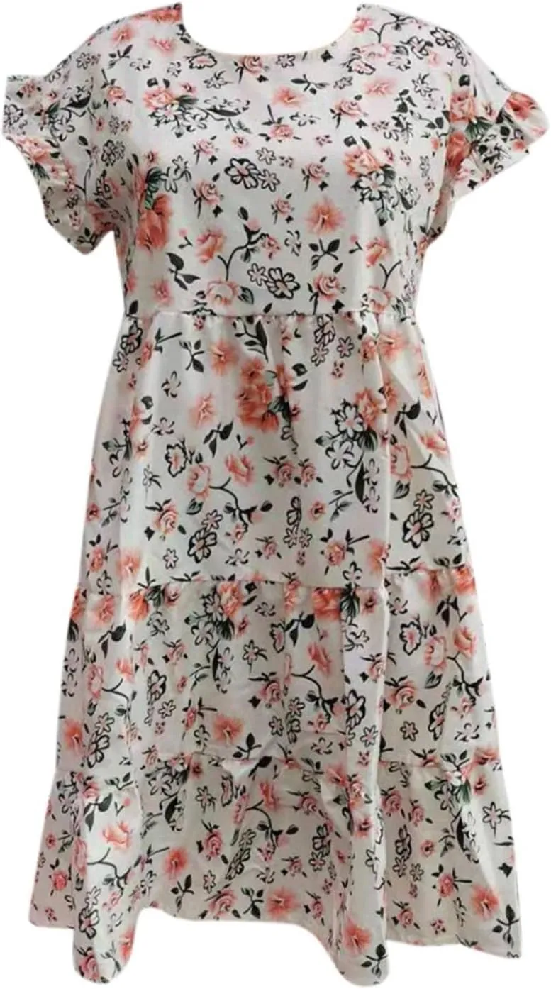 HGOOGY Elegant Dresses for Women Summer Lady Ruffle Mini A Line Dress New Floral Print Dresses Women Casual Leaf