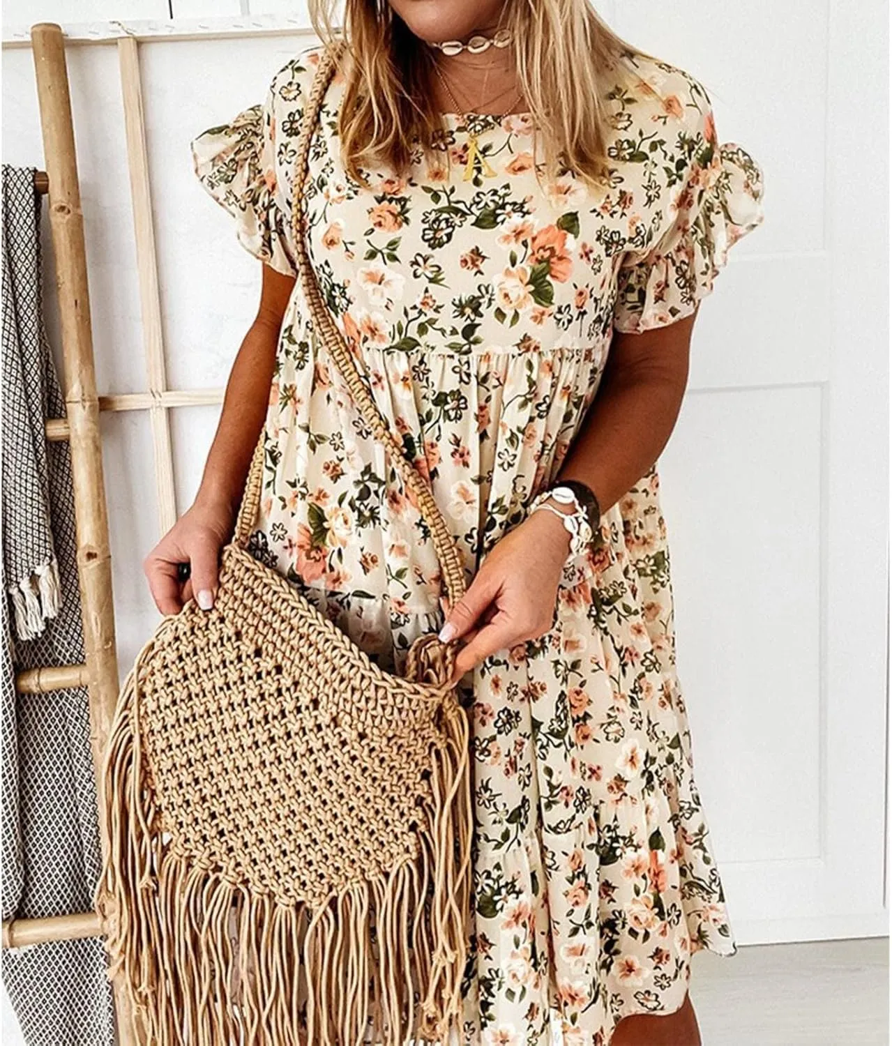 HGOOGY Elegant Dresses for Women Summer Lady Ruffle Mini A Line Dress New Floral Print Dresses Women Casual Leaf