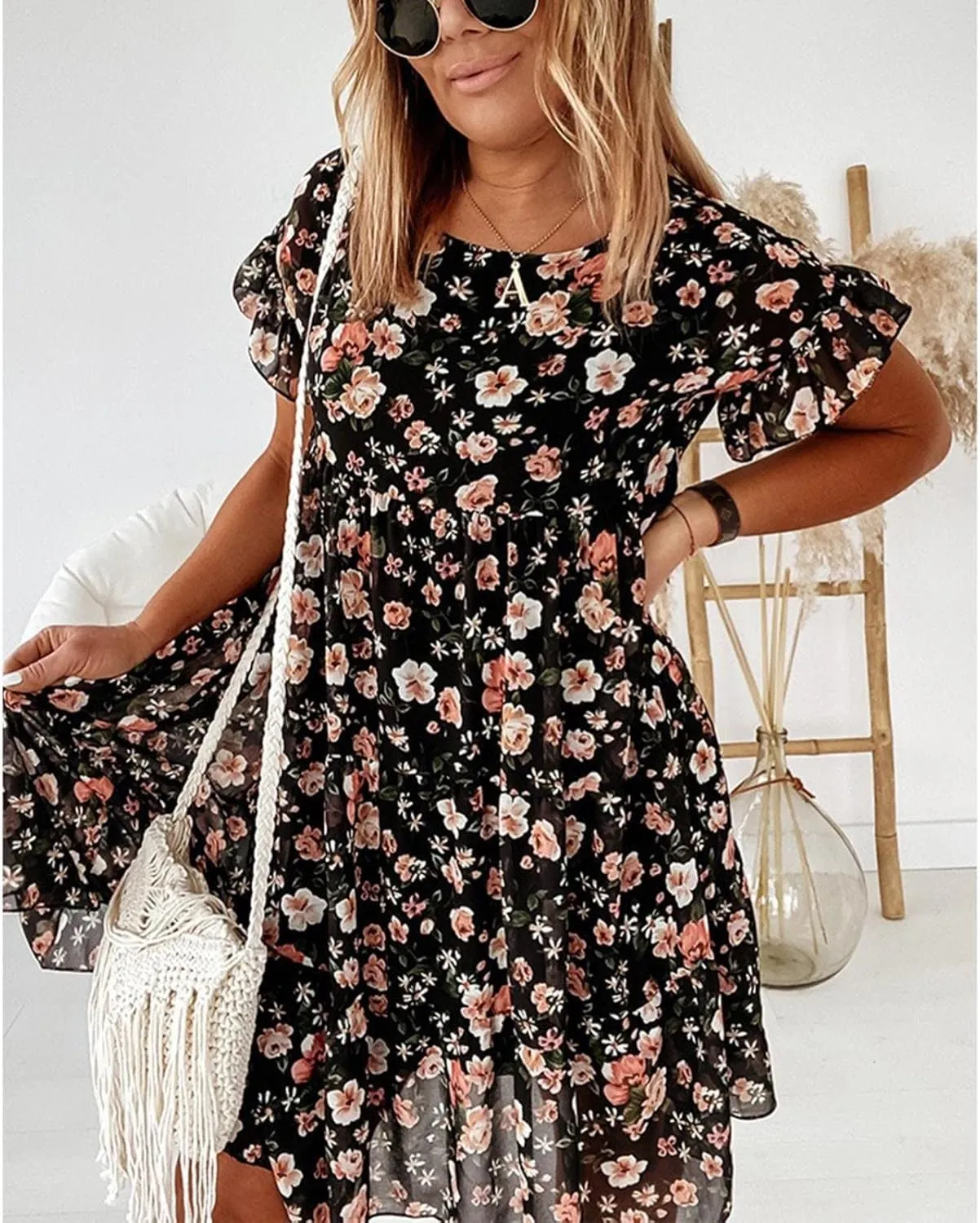 HGOOGY Elegant Dresses for Women Summer Lady Ruffle Mini A Line Dress New Floral Print Dresses Women Casual Leaf