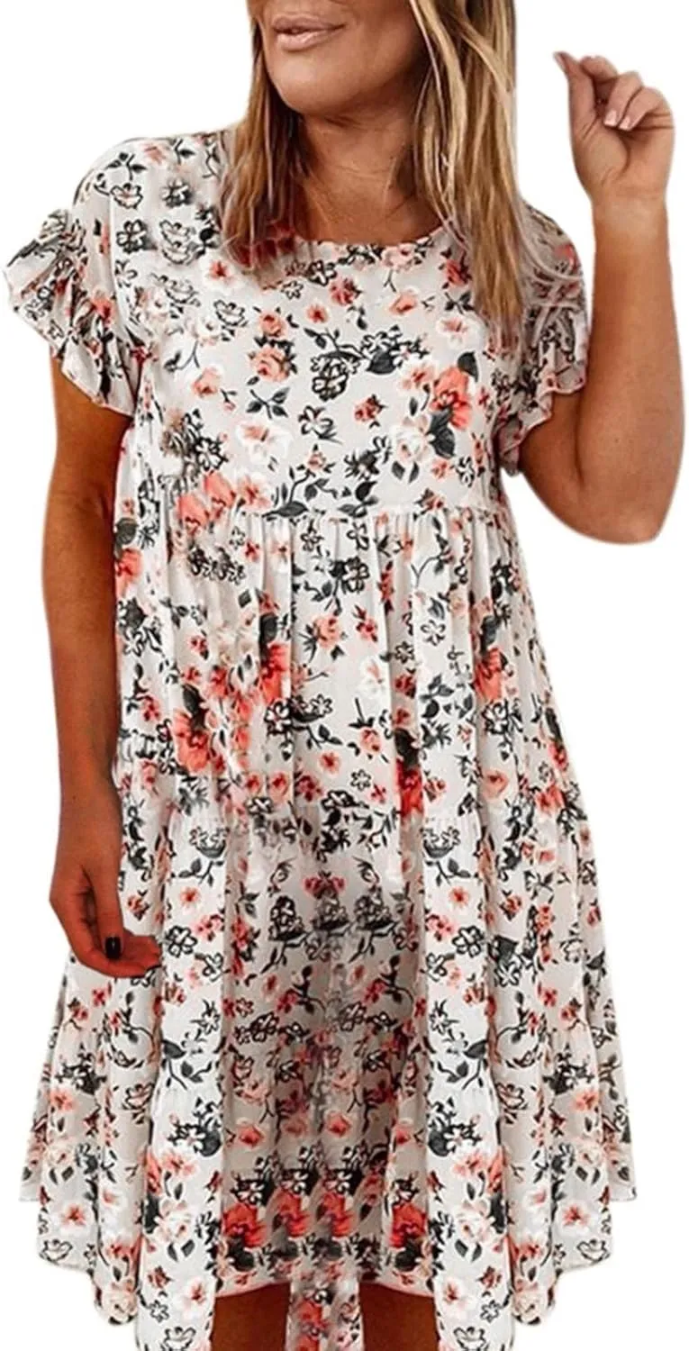 HGOOGY Elegant Dresses for Women Summer Lady Ruffle Mini A Line Dress New Floral Print Dresses Women Casual Leaf