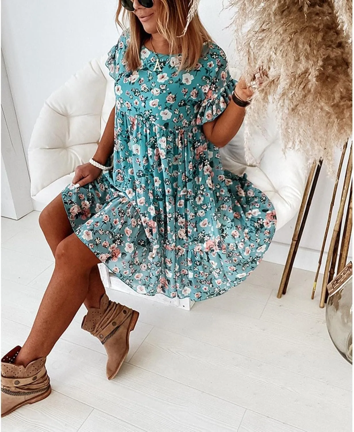 HGOOGY Elegant Dresses for Women Summer Lady Ruffle Mini A Line Dress New Floral Print Dresses Women Casual Leaf