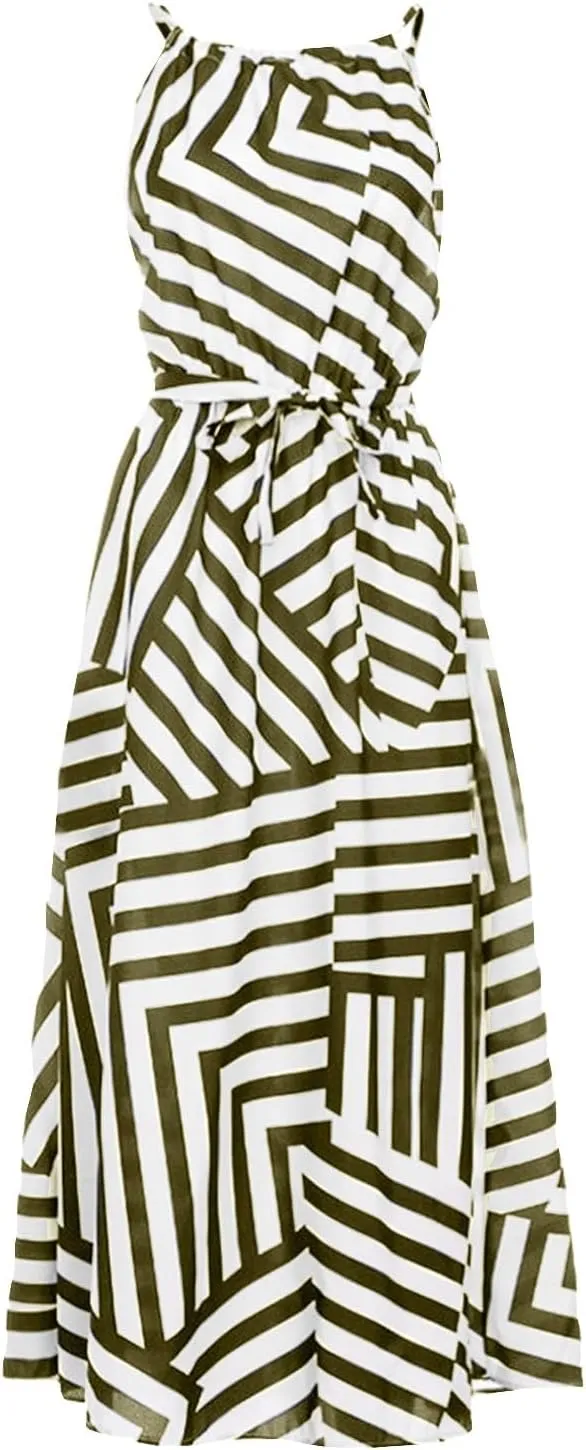 HGps8w Flowy Halter Dresses for Women Striped Sundress Summer Sleeveless Ruffle A Line Beach Vacation Maxi Dress