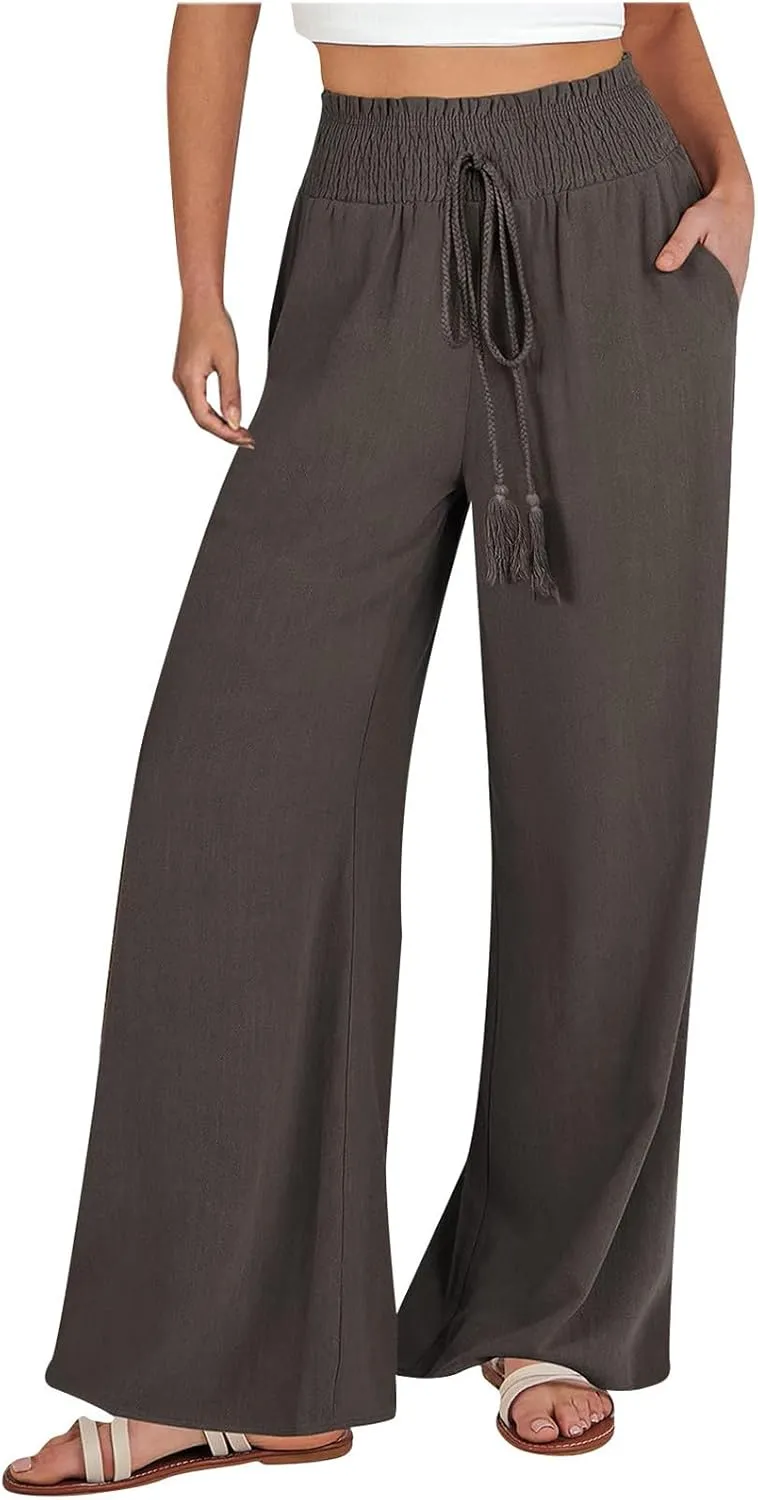 High Waist Wide Leg Palazzo Pants for Women 2024 Summer Casual Linen Lounge Pant Beach Flowy Trousers