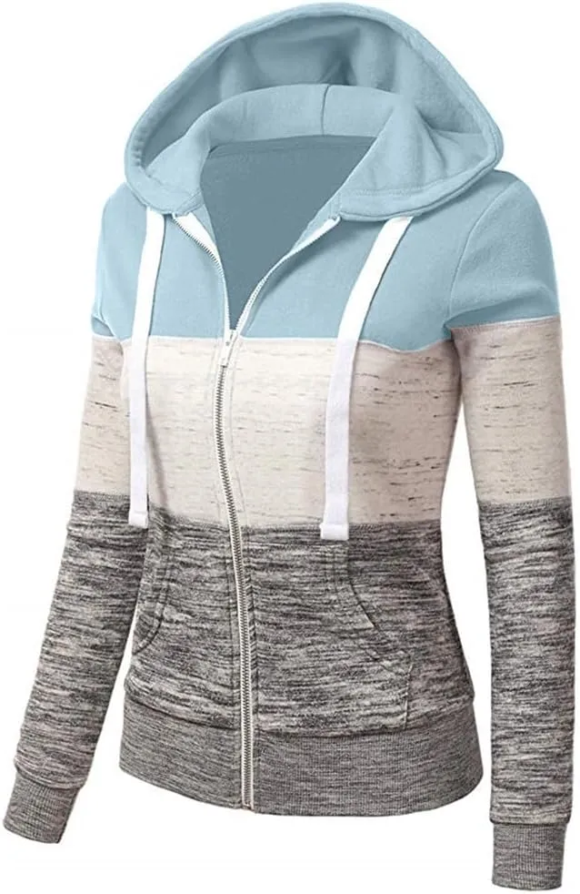 Hoodies for Women Color Block Hooded Sweatshirt Basic Zip-Up Jersey Jacket Long Sleeve Top with Pockets Plus Size