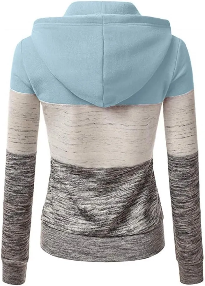 Hoodies for Women Color Block Hooded Sweatshirt Basic Zip-Up Jersey Jacket Long Sleeve Top with Pockets Plus Size