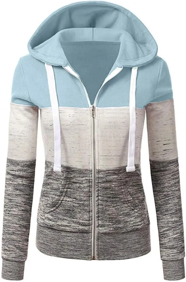 Hoodies for Women Color Block Hooded Sweatshirt Basic Zip-Up Jersey Jacket Long Sleeve Top with Pockets Plus Size