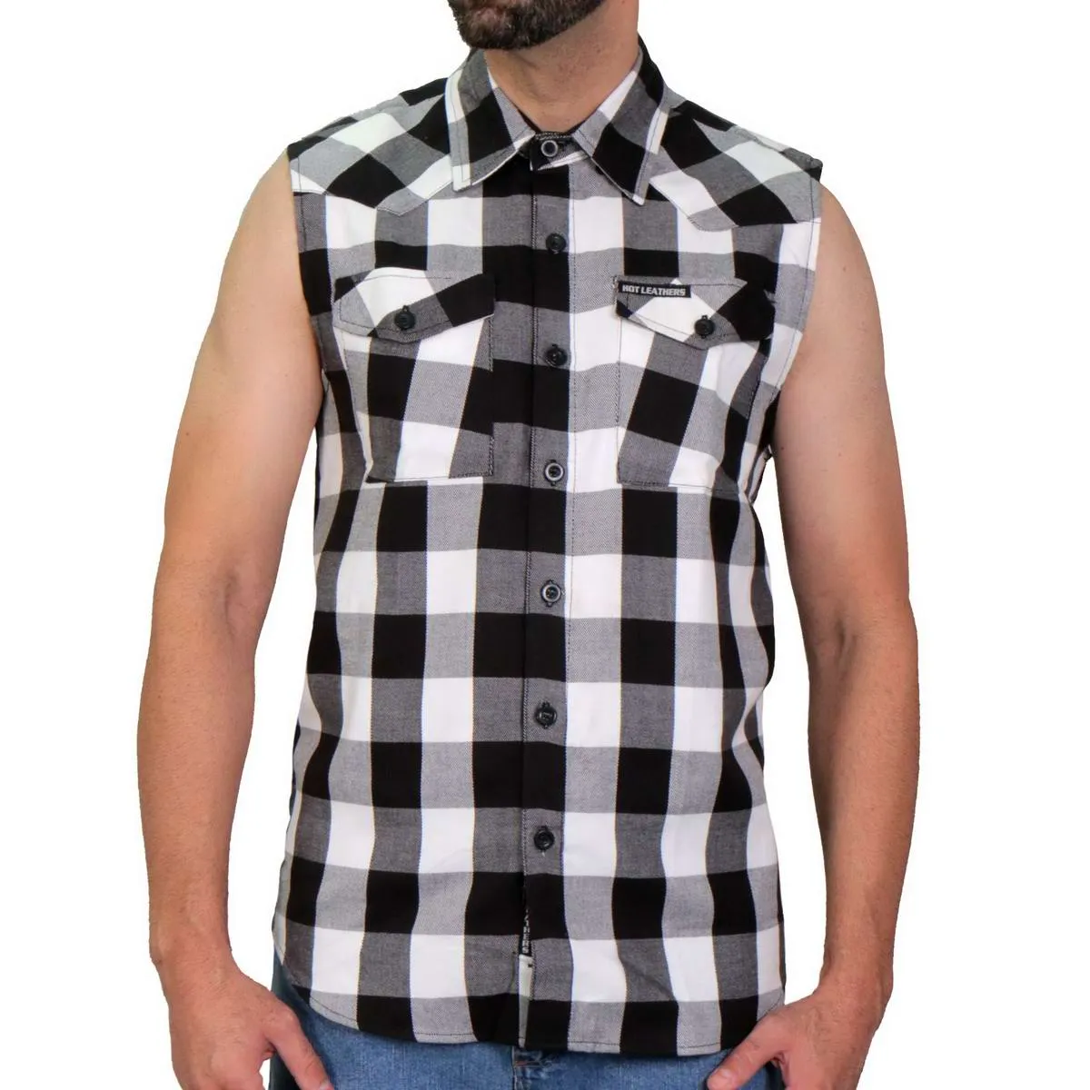 Hot Leathers FLM5004 Mens Black and White Sleeveless Cotton Flannel Shirt