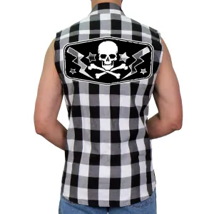 Hot Leathers GMS3490 Mens Black and White Skull Sleeveless Flannel Shirt