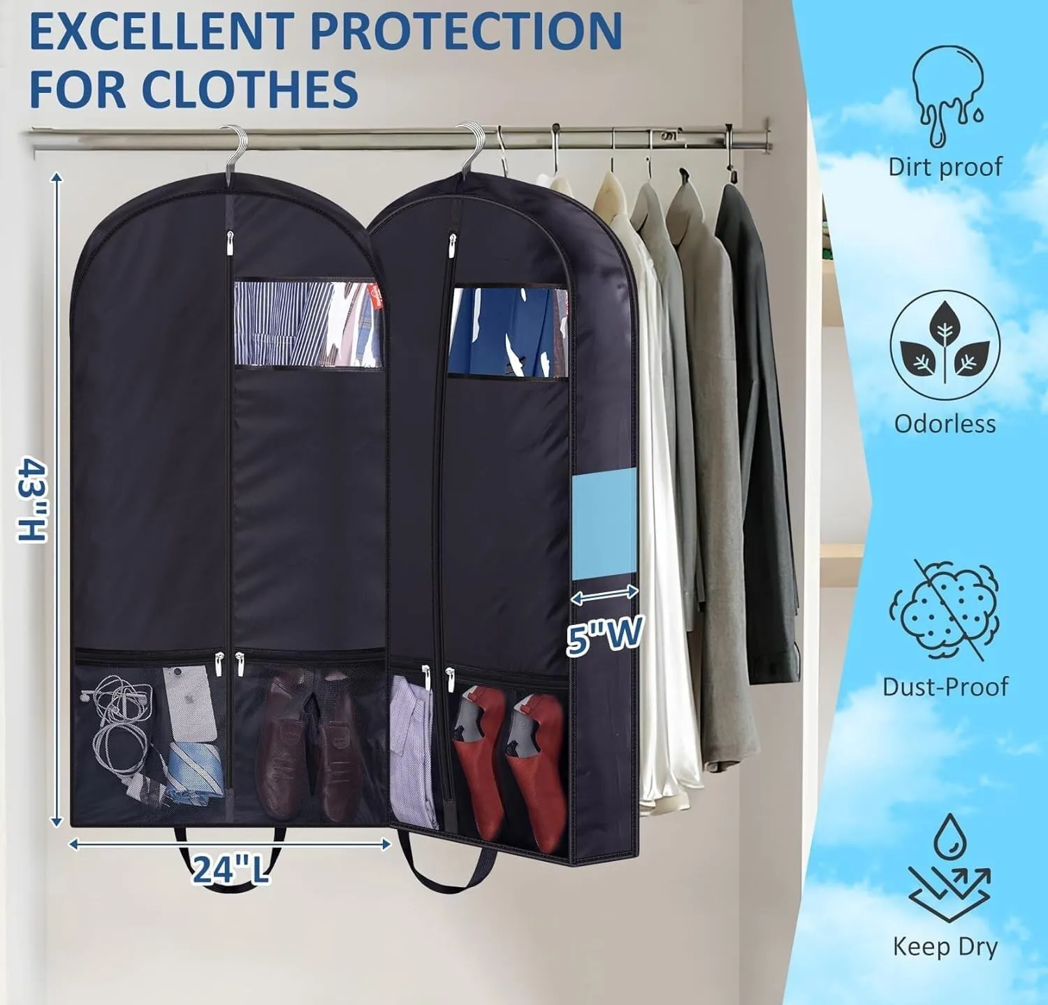 IRYZE Garment Bag for Travel, 2pcs Garment Bags With 5''Gussets Suit Bag Closet Storage Hanging Clothes Bag Suit Luggage Bag, 60*110cm, Black