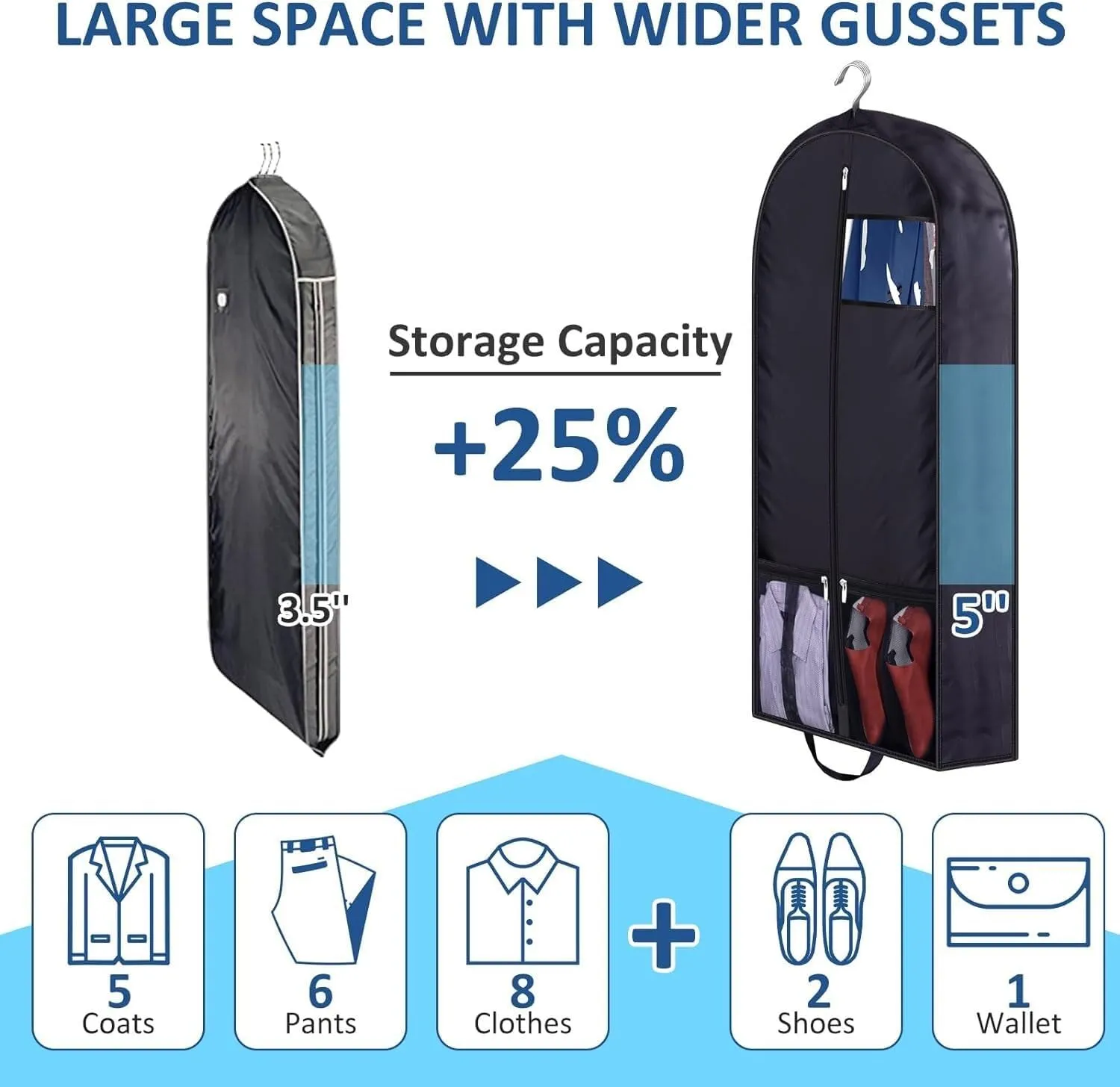 IRYZE Garment Bag for Travel, 2pcs Garment Bags With 5''Gussets Suit Bag Closet Storage Hanging Clothes Bag Suit Luggage Bag, 60*110cm, Black