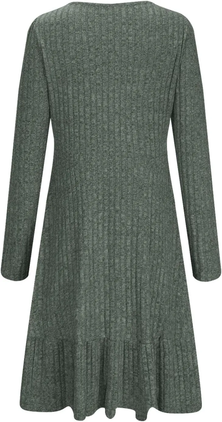 JOAU Women's Casual Round Neck Long Sleeve Ribbed Knit Dress High Waist Ruffle Hem A Line Tiered Swing Stretchy Mini Dresses