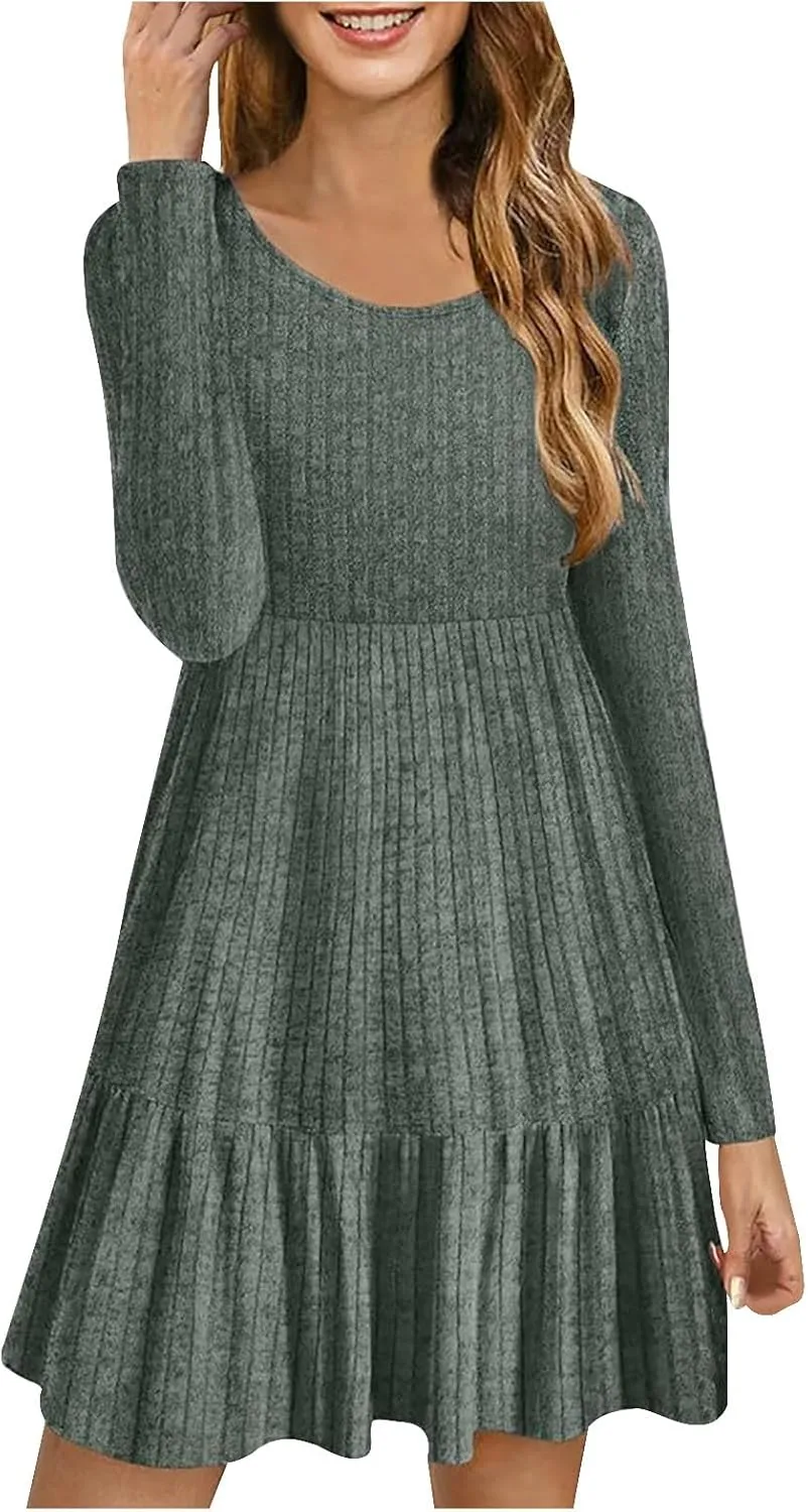 JOAU Women's Casual Round Neck Long Sleeve Ribbed Knit Dress High Waist Ruffle Hem A Line Tiered Swing Stretchy Mini Dresses