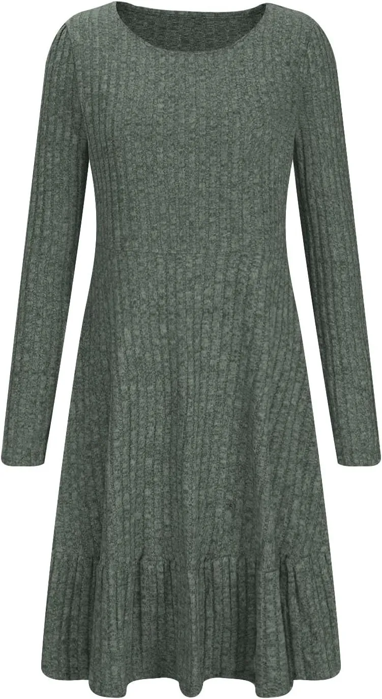 JOAU Women's Casual Round Neck Long Sleeve Ribbed Knit Dress High Waist Ruffle Hem A Line Tiered Swing Stretchy Mini Dresses