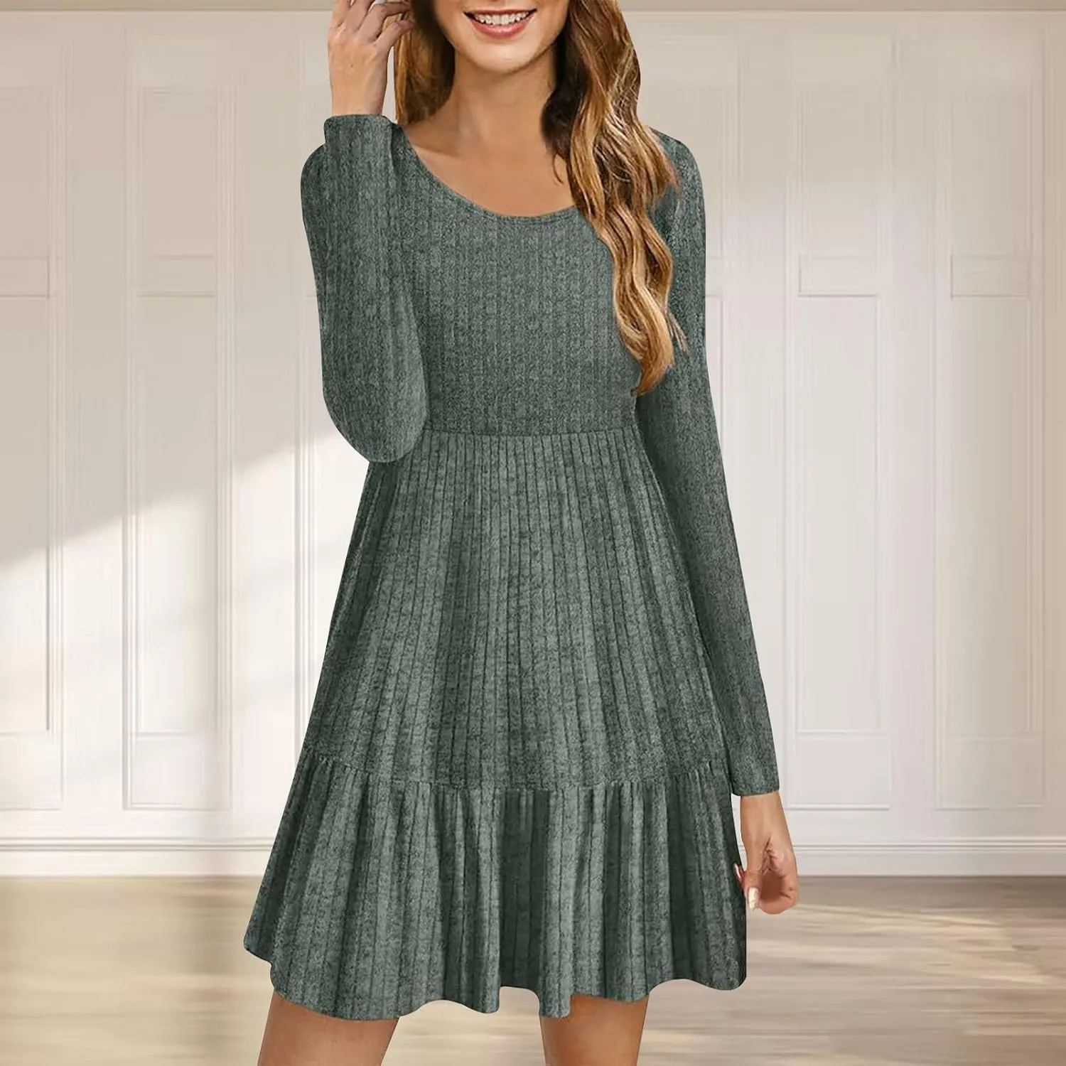 JOAU Women's Casual Round Neck Long Sleeve Ribbed Knit Dress High Waist Ruffle Hem A Line Tiered Swing Stretchy Mini Dresses
